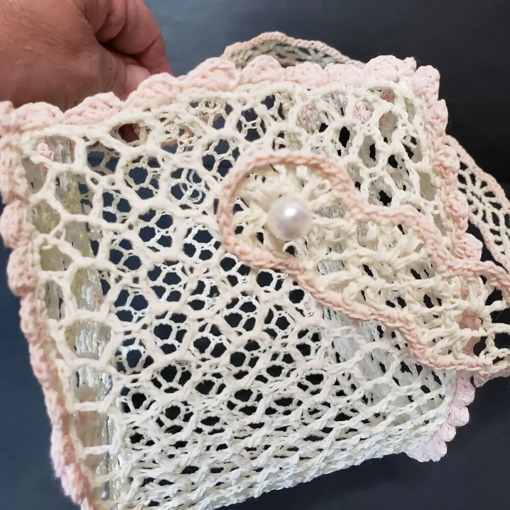 Vintage Crochet Pastel Delicate Lace Easter Starched Basket NEED Repairing